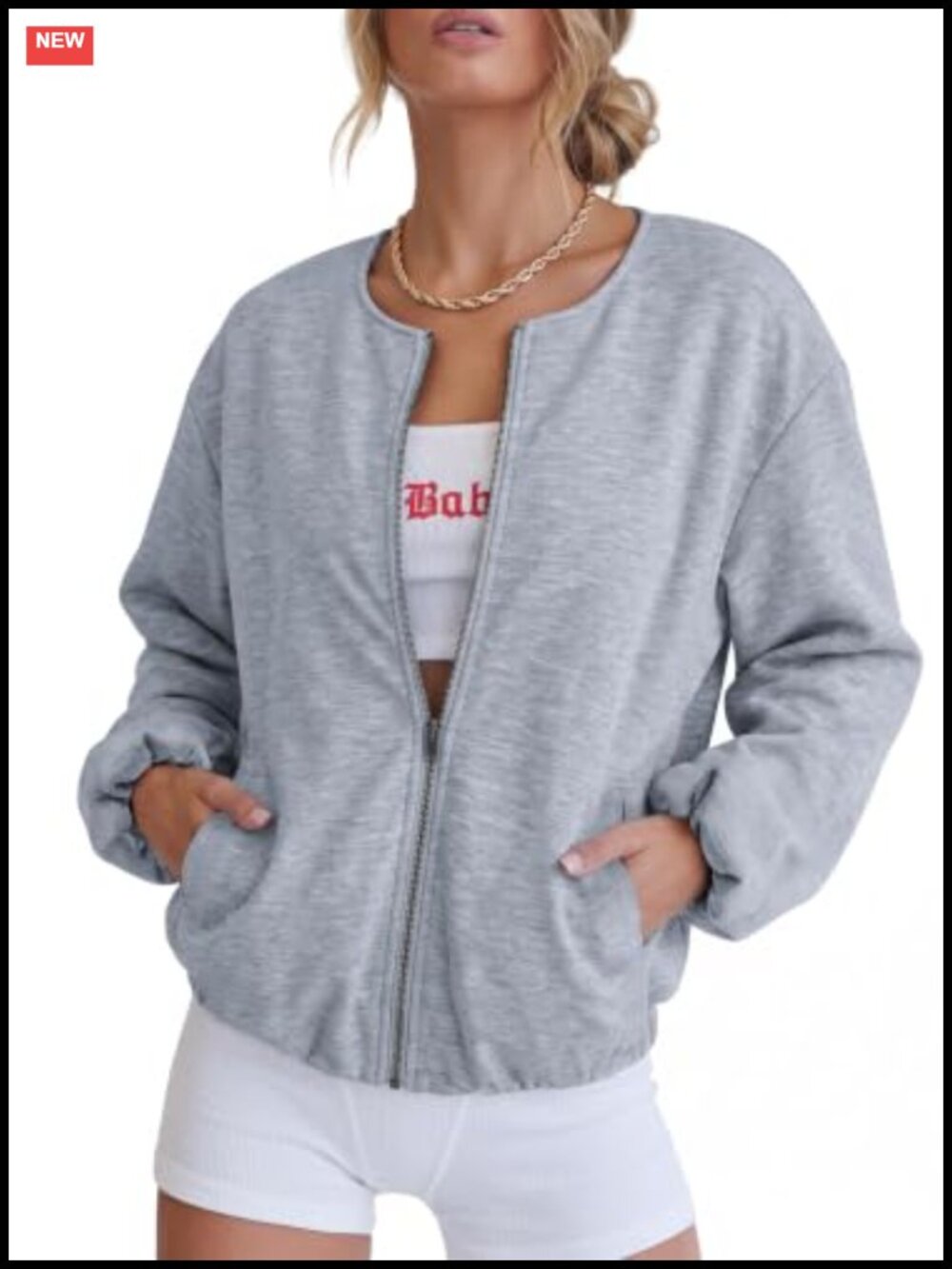 Oversized Cropped Zip Up Bomber Jacket Sweatshirt